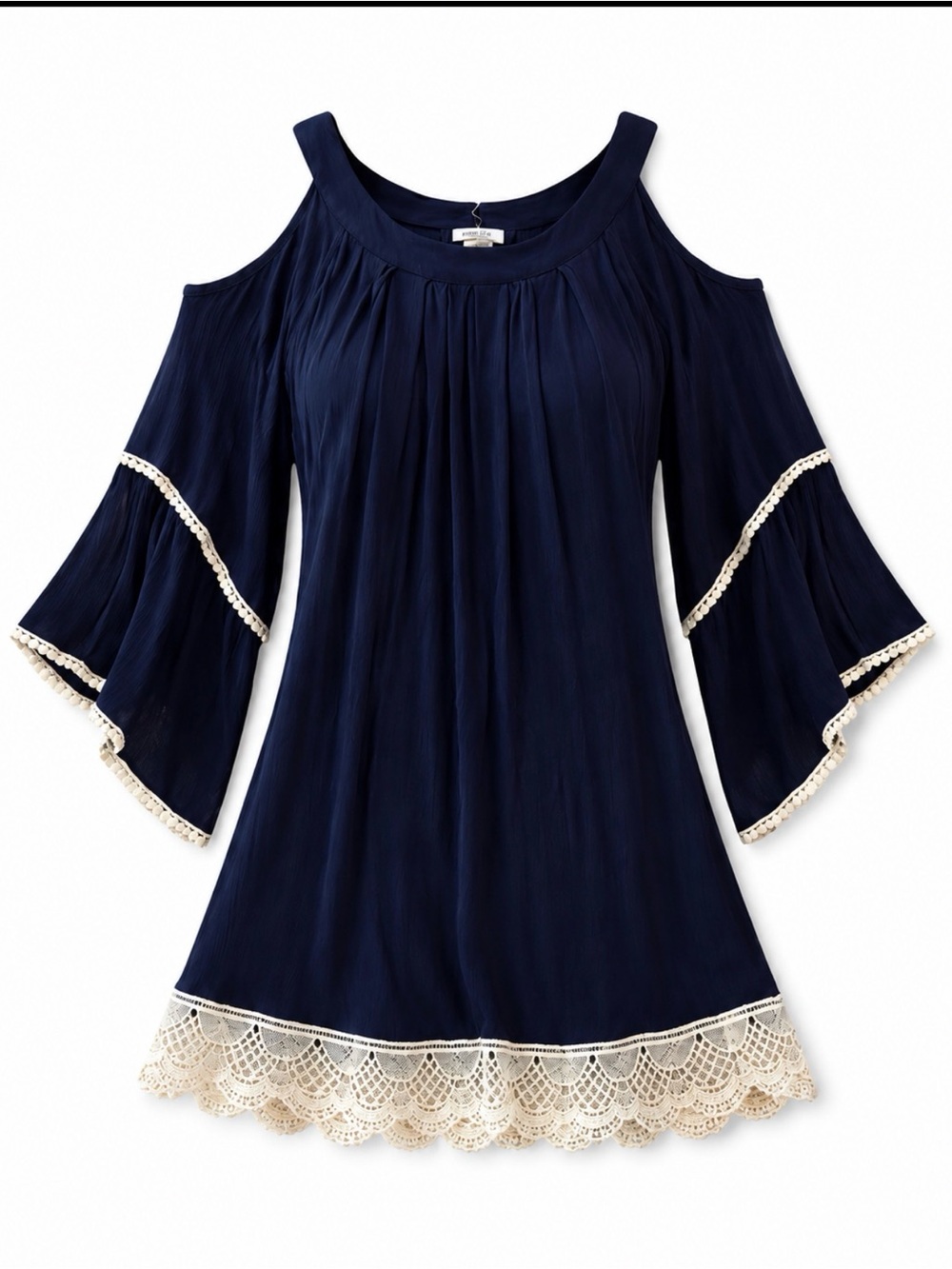 Navy Cold Shoulder Bell Sleeve Lace Trim Boho Blouse Oversized Large - Picture 3 of 4